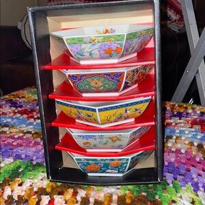 BX51 Vintage Japanese Kutani TakahShi Hexagonal Colorful Floral Ceramic Bowl Set